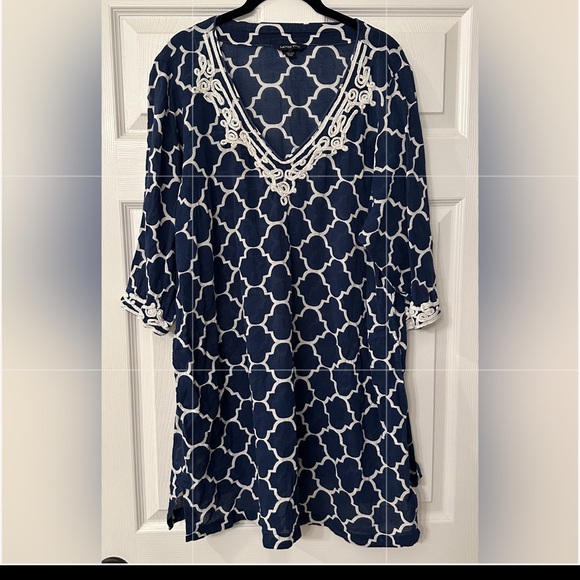 LANDS END PLUS 2X Blue White Quatrefoil Lattice Print Embroidered Dress R $119 - Picture 6 of 15